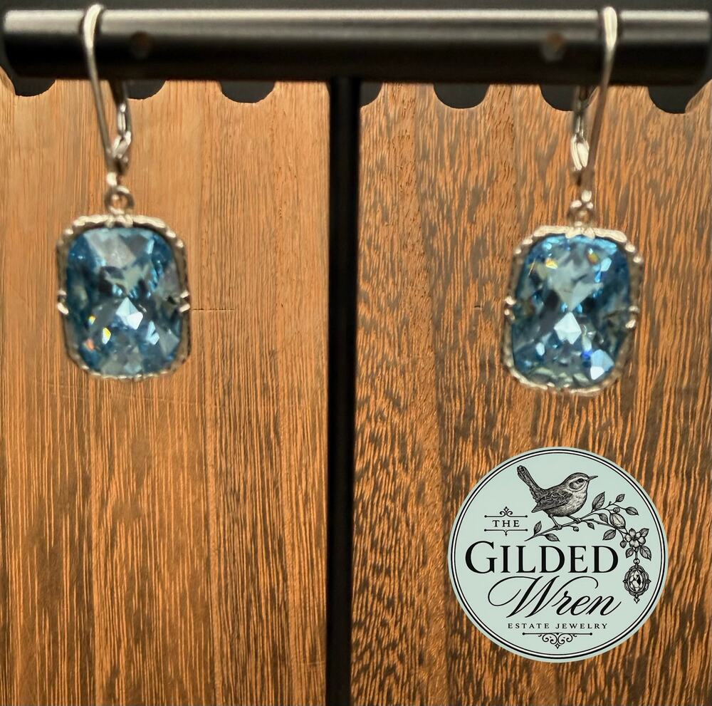 Sterling Silver Blue Glass Cushion Drop Earrings Leverback 1.4in 5.75g